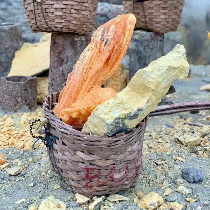 Sulfur in a basket from Ijen Crater